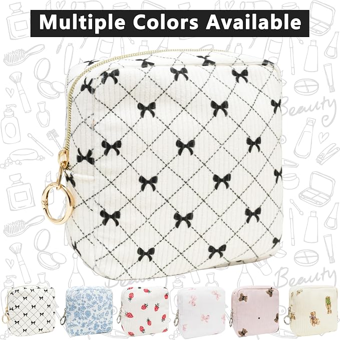 Period Bag for Girls, Corduroy Period Kit with Sanitary Pad Pouch, Menstrual Storage Bag and Tampon Holder for Purse, Girls School Essentials,Feminine Care Organizer(Black Bow)