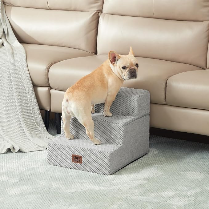 EHEYCIGA Dog Stairs for Small Dogs 13.5" H, 3-Step Dog Steps for Cats, Light Grey