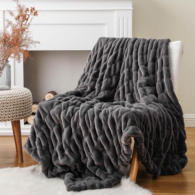 BATTILO Grey Faux Fur Throw Blanket for Couch, 50"x60", Double Side | Luxury Minky Couture Blanket, Premium Silky Cozy Soft Bubble Faux Fur Blanket For Bed, Sofa Living Room