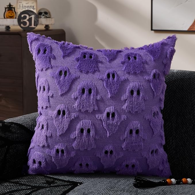 DFXSZ Halloween Pillow Covers 18x18 inch 2Pcs Purple Halloween Decor | Halloween Decorations Set of 2 Throw Pillow Cases Plush Faux Fur Wool Cushion for Chair Sofa Bedroom Living Room Home Decor