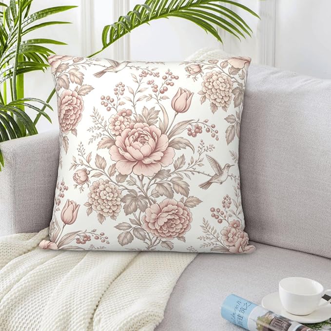 Vintage Pink Floral Throw Pillow Covers 18x18 Inches Set of 2 Chinoiserie Farmhouse Decor Cushion Cases