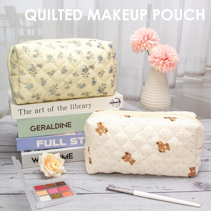 PAZIMIIK Small Quilted Makeup Bag,Zipper Cosmetic Pouch,Gauze Bear,6 Pack | Lightweight Cosmetic Bag Organizer for Women,Purse Storage Holds Makeup,Toiletries,Skincare,Beauty Essentials,Travel Items