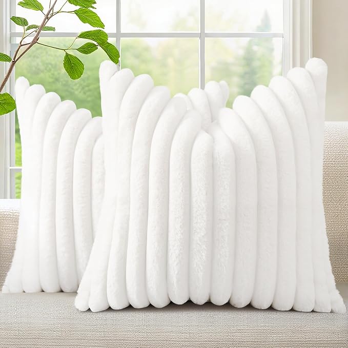 decorUhome Fall Faux Fur Throw Pillow Covers 20x20 Set of 2 White | Decorative Soft Cozy Striped Plush Modern Farmhouse Boho Couch Pillow Cases Velvet Back for Sofa Bed Living Room Home Decor