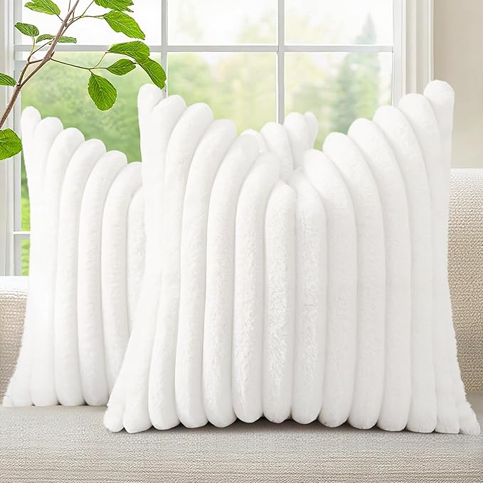 decorUhome Fall Faux Fur Throw Pillow Covers 16x16 Set of 2 White | Decorative Soft Cozy Striped Plush Modern Farmhouse Boho Couch Pillow Cases Velvet Back for Sofa Bed Living Room Home Decor