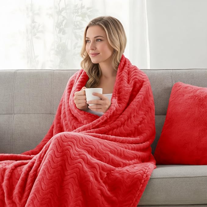 Exclusivo Mezcla Soft Fleece Throw Blanket for Couch, Cozy Lightweight Blankets with Decorative Wave Textured Suitable for All Season Use, Red, 50x70 Inches | 50"x70" Soft Breathable Lightweight Flannel Throws for Summer, Plush Cozy Jacquard Wave Blank...