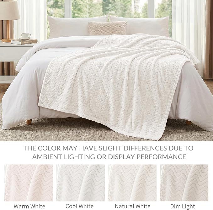 Exclusivo Mezcla Soft Fleece Blanket Queen Size for Bed, Sofa, Ivory | 90"x90" Breathable Lightweight Flannel Blanket for Summer, Plush Cozy Jacquard Wave for Home Decor