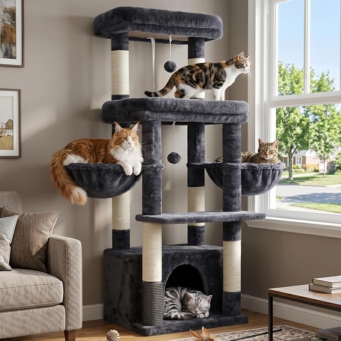 Hey-brother Cat Tree Tower with Extra Large Platform, Big Condo, MPJ070G | 51.1 Inches Scratching Posts with 2 Cozy Hammocks, Self-Grooming Brush for Indoor Adult Cats, Maine Coon, Smoky Gray