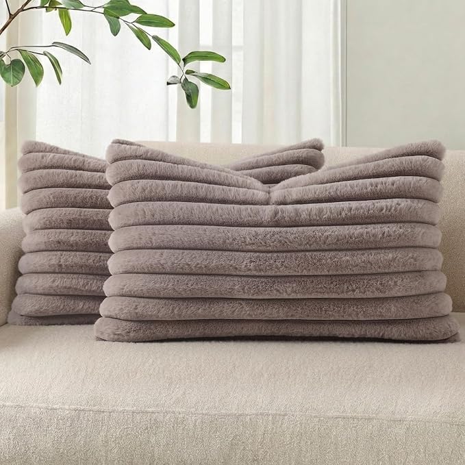 Pallene Faux Fur Decorative Throw Pillow Covers 12x20 Set of 2, Light Coffee