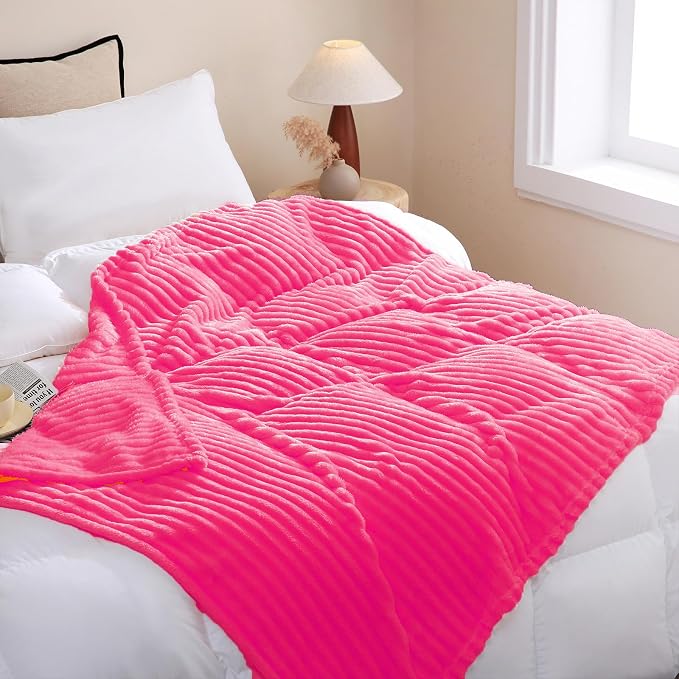Hot Pink Fleece Throw Blanket 50”×60” for Couch Sofa Livingroom | Super Soft Cozy Plush Microfiber Flannel Bed Blanket Striped Design Lightweight Home Decor Gifts for Adults Mom Women