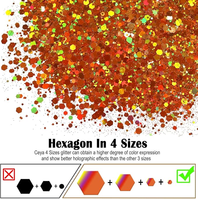 Ceya Holographic Chunky Glitter, 1 LB/ 16OZ Laser Orange Bulk Craft Glitter Mixed Chunky Fine Glitter Bottled Metallic Flake Nail Sequins for Resin, Tumblers, Scrapbooking, Festival Decor, Art Project