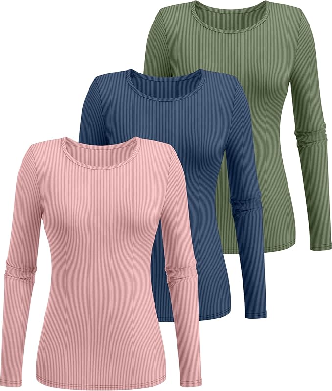 Ficerd 3 Pack Women's Ribbed Long Sleeve Tops, Crew Neck Slim Fit Undershirts Knit Basic Casual Stretch Layering Tee Shirts