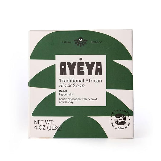 AYÉYA African Black Soap Bar, Peppermint (Reset) – Exfoliating Bar Soap for Acne-Prone Skin with Neem Oil, 4 Oz