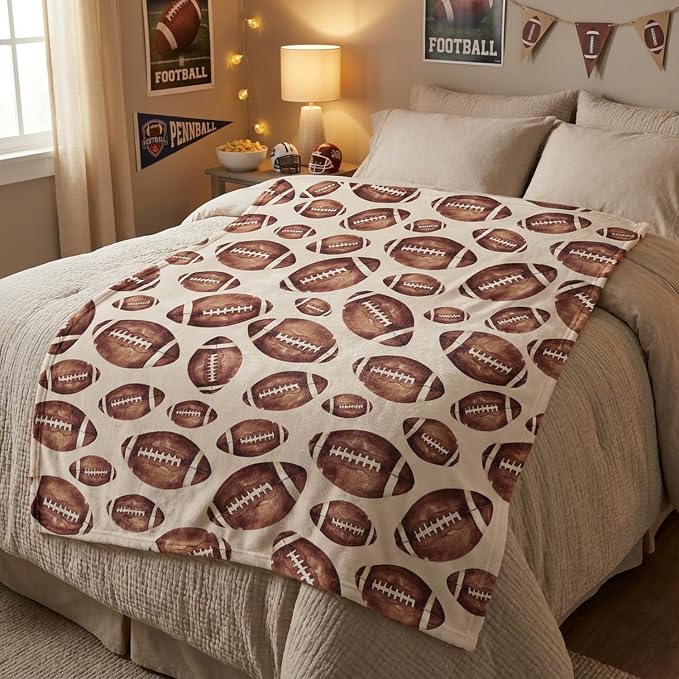 Horaldaily Football Beige Flannel Throw Blanket 50x60 | All Season Using Ultra Soft Fuzzy Plush Cozy Non-shedding Blanket for Couch Sofa Bed Camping, Ideal Gift for Kids Adults