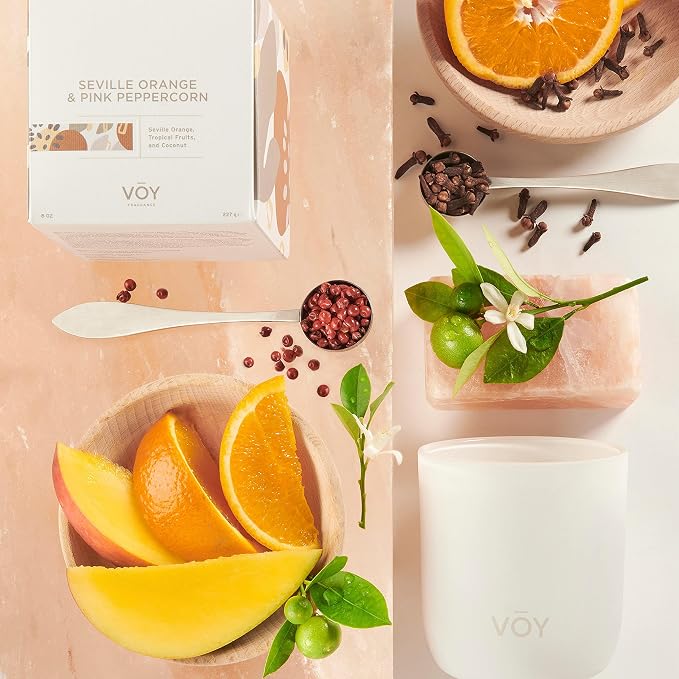 VOY Scented Candle, Tropical Bright Seville Orange & Pink Peppercorn, 55 Hour Burn Time, Blended Soy Candle, High-Fragrance Load, 8 oz Jar Candle, Aromatherapy Candle with Sustainable Gift Packaging