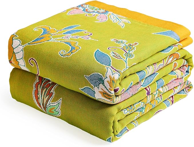 VANJOROY Boho Throw Blanket 50" x 60", 100% Organic Cotton Breathable Ultra Soft Bed Quilt Throw - All Season Luxury Floral Farmhouse Decor Blanket for Sofa Couch Chair and Gift. Green/Blue