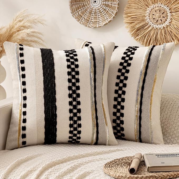 ANRODUO Boho Decorative Pillow Covers 20x20 Inch Black Stripe Pack of 2 | Throw Pillow Covers, Farmhouse Cushion Case, Chenille Pillow Cases, Pillow Covers, Accent Neutral Pillowcase for Sofa Couch
