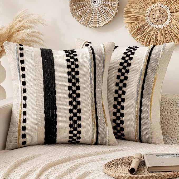 ANRODUO Boho Decorative Pillow Covers 18x18 Inch Black Stripe Pack of 2 | Throw Pillow Covers, Farmhouse Cushion Case, Chenille Pillow Cases, Pillow Covers, Accent Neutral Pillowcase for Sofa Couch