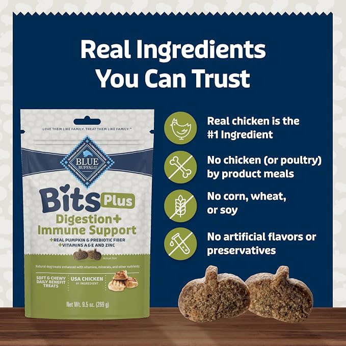 Blue Buffalo Bits Plus Chicken Dog Treats, 9.5 oz | Digestion Support, Real Pumpkin & Prebiotic Fiber, Vitamin A, E & Zinc for Immune Support