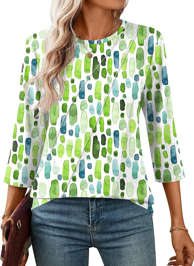 LOMON 3/4 Length Sleeve Womens Tops Spring Summer Fashion 2026 Tops Crew Neck Pleated Shirts Tunic Top Loose Fit