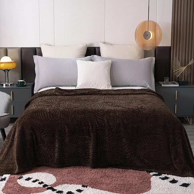 Super Soft Flannel Fleece Throw Blanket, 50 x 60 Inches, Brown | Lightweight Cozy Warm Leaves Textured Plush Blanket for Bed Couch Sofa