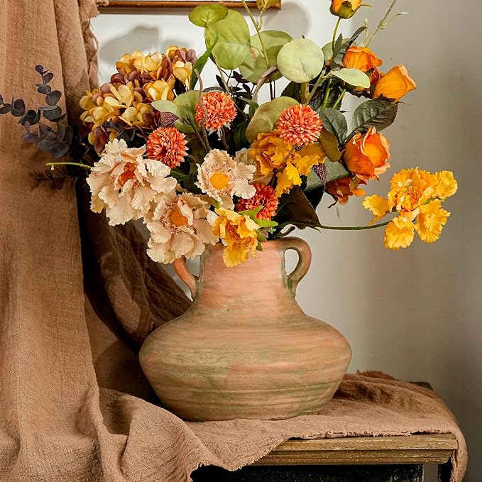 Sungmor Rustic Ceramic Flower Vase with Handles, 7 Inch Short Wide Body | Terracotta Plant Pots, Cement Textured Vases Home Decor, Indoor Fresh Flowers Planter, Dried Flower Arrangements