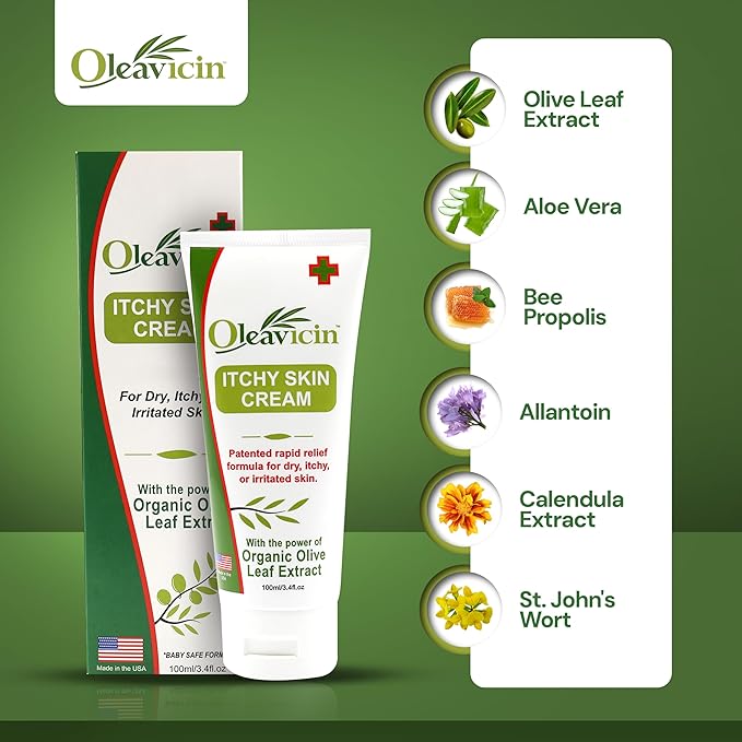 Oleavicin Organic Extra Strength Anti-Itch Cream for Dry, Itchy Skin Relief Natural Fungal & Rash Treatment with Olive Leaf Extract Fast-Acting, Long-Lasting Relief