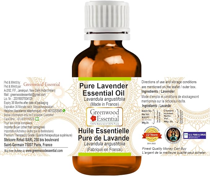 Greenwood Essential Pure Lavender Essential Oil (Lavandula angustifolia) (Made in France) Steam Distilled 15ml (0.50 oz)