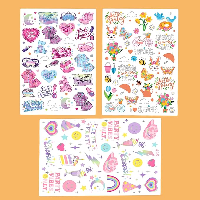 Girls Sleepover Party Temporary Tattoos, 78+ Styles, 3 Sheets, Spring and Party Theme Designs, Birthday Party Favors/Movie Night Goodie Bag Favors, Cute Bday Decorations, Stocking Stuffer