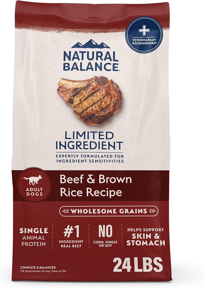 Natural Balance Limited Ingredient Adult Dry Dog Food - Complete Nutrition for Adult Dogs - Wholesome Grains Brown Rice Recipe - Limited Ingredient Formula - 24 lb - Beef & Brown Rice