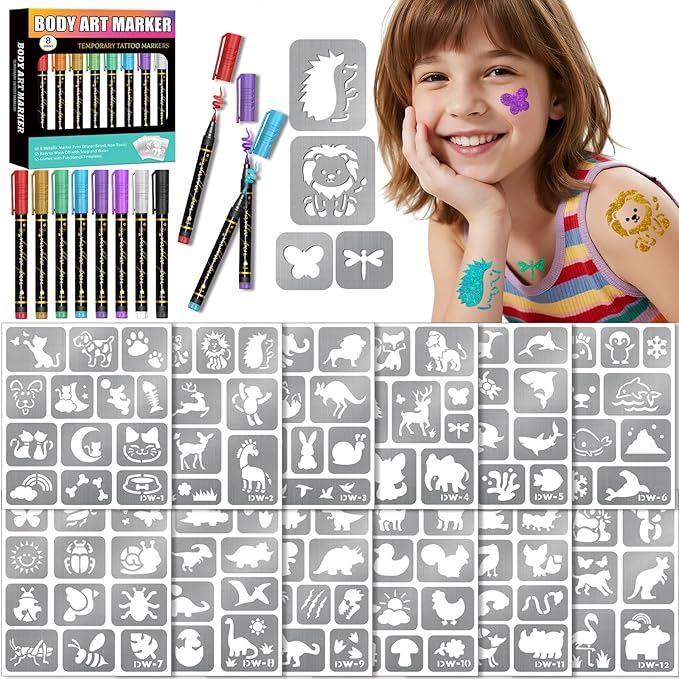 Temporary Tattoo Markers for Skin, 8 Metal Body Markers + 169 Shark Dolphin Mermaid Cartoon Animal Tattoo Stencils for Kids Adults, Cosmetic-Grade Tattoo Ink, DIY Body Art Party Favors for Women Men