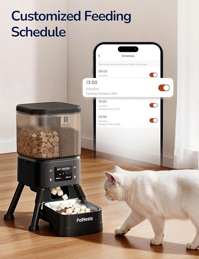 Dual Chamber Automatic Cat Feeder 4L, Dry/Treat Portion | Smart WiFi Pet Food Dispenser 4L with 2.4&5G WiFi App, Custom Schedule & Portion Control for Dry Food and Treats, Black