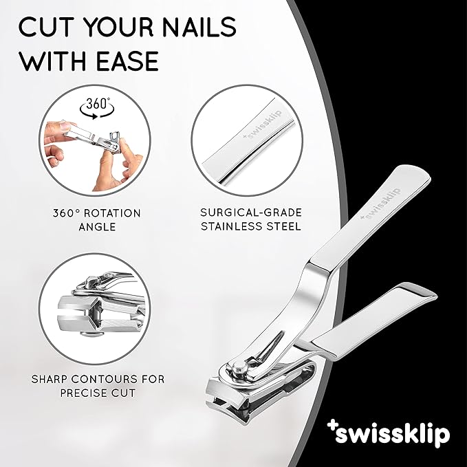 Swissker by Swissklip Nail Clippers for Men & Women I Finger Nail Clippers for Adult with 360 Degree Rotating Head I Fingernail Clippers for Women I Surgical-Grade Stainless Steel Material (3 Pack)