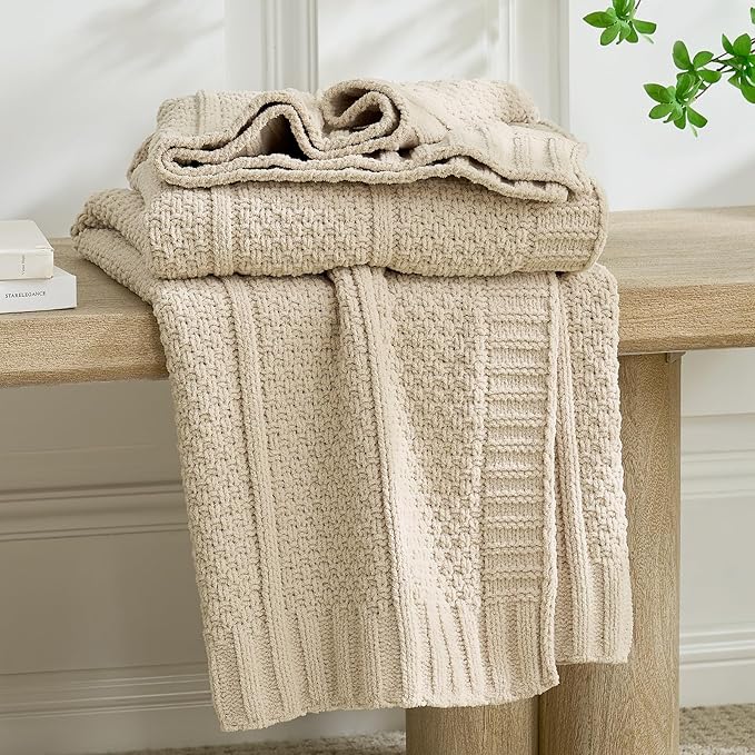 Chenille Throw Blanket for Couch, Soft Cozy Chunky Knit Blanket, Moss Stitch Throw for Sofa, Bed, Living Room, Lightweight Warm Home Decor, Beige 60"x80"