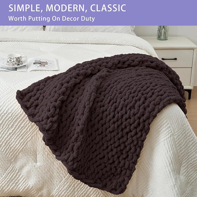 Bigacogo Chunky Knit Throw Blanket for Couch, 40x40 inches, Chocolate | Hand Knit with Jumbo Chenille, Soft Breathable Cable Knit for Sofa Bed Living Room, Machine Washable, Gift for Mom Friend
