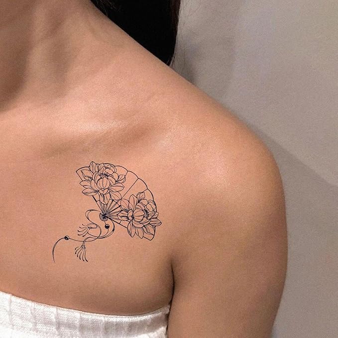 2 Sheets Long Lasting Peony Fan Temporary Fake Tattoos For Women Arm Hand Neck,Plant Stamps Semi Permanent Tattoo For Adults Girl,Realistic, Waterproof and Non-Reflective