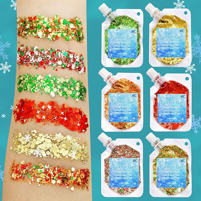 Chunky Glitter Gel Set 6 Colors Cosmetic Glitter for Body Face Hair Nail,Sequins Glitter for Women and Kids,Multi-Use Festival Party Sparkle Powder