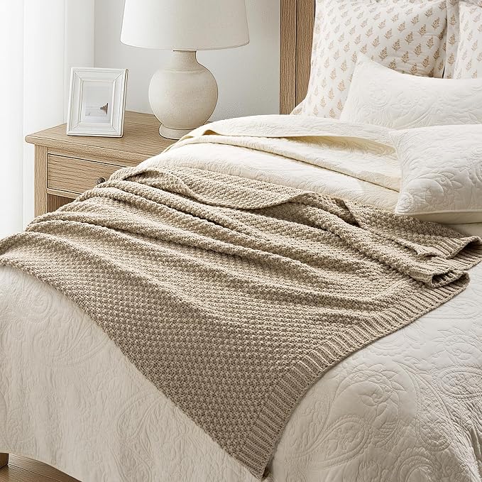 EVERGRACEHOME Chunky Chenille Knit Throw Blanket, 50 x 60, Sand Dune | Sculpted Moss Stitch, Chic Modern Farmhouse, All-Season Warmth, OEKO-TEX® Certified, Elegant Blanket for Couch, Bed, Sofa