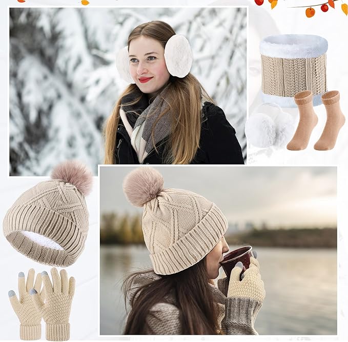 SATINIOR 5 Pcs Winter Hat Scarf Gloves Set Fleece Warm Lined Knit Beanie Hat Touch Screen Earmuff Gloves Warmer for Women(Beige,Stylish Style)