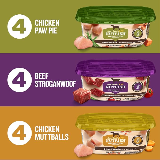 Nutrish Hearty Recipes Wet Dog Food Variety Pack, 8 oz. Tubs (Rachael Ray) | Contains 2 Packs of 6 Tubs, Includes 3 Delicious Flavors of Chicken Paw Pie, Beef Stroganwoof & Chicken Muttballs