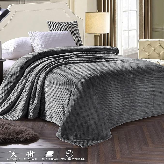 Exclusivo Mezcla Large Waffle Fleece Throw Blanket for Couch, Gray | Lightweight Soft Blanket for Sofa, Bed, Living Room, Plush Fluffy Throw for Home Decor, Travel, All Season, 50x70 Inches