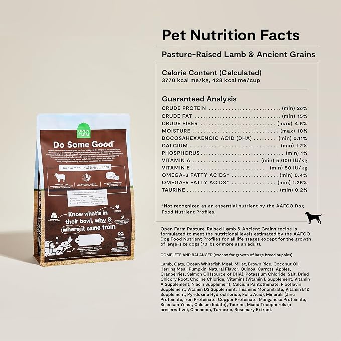 Open Farm Ancient Grains Dry Dog Food, Pasture Raised Lamb Kibble, 22lb Bag | All Life Stages, All Breed Sizes, Protein-Rich & Nutrient Dense, 100% Traceable Ingredients, Non-GMO Fruits & Veggies.