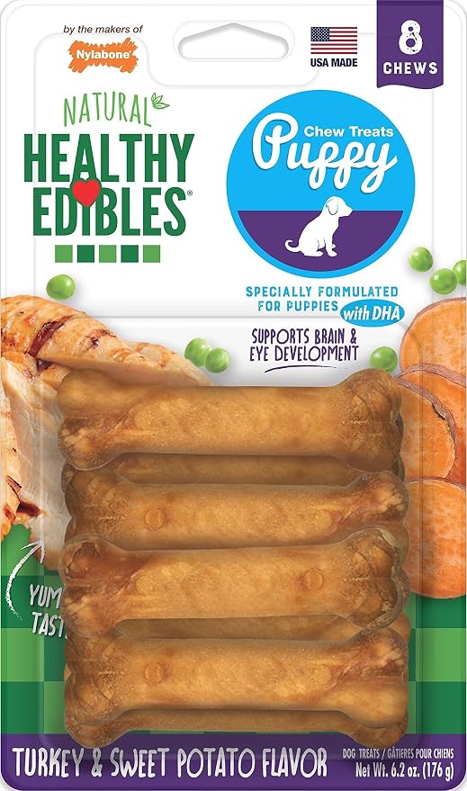 Nylabone Healthy Edibles Puppy Dog Treats, 8 Count | Turkey & sweet potato flavor, natural puppy treats, USA made, highly digestible, small dog treats for puppies up to 15 lbs