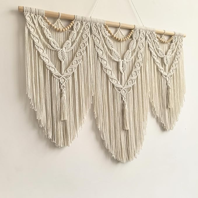 large macrame wall hanging - Boho Tapestry Macrame Wall Decor Art- Chic Bohemian Handmade Woven Tapestry Home Decoration for Bedroom Living Room Apartment Wedding Party - 43"x32" (Wood bead-A)