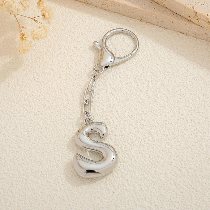 WOWORAMA Initial Letter Keychain for Women Chunky Gold Bubble Letter Bag Charm Purse Charm Personalized Keyrings Accessories