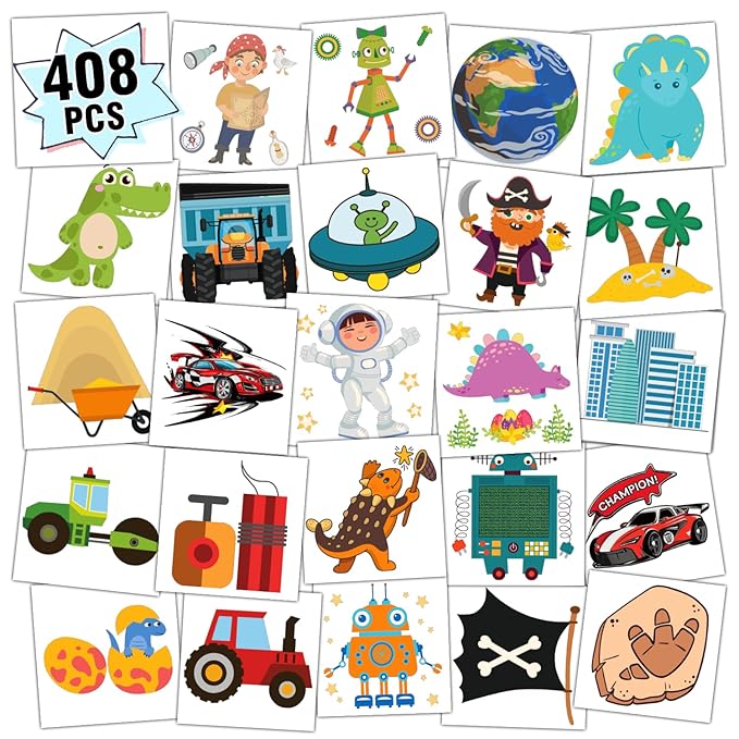 Partywind 408 PCS Kids Tattoos for Party Supplies, Individually Wrapped Sheet Temporary Tattoos Stickers for Kids Goodie Bag Stuffers, Fun Birthday Party Favors - Cool