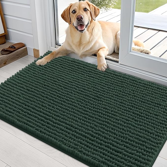 OLANLY Dog Door Mat for Muddy Paws 36x24, Extra Absorbent Chenille Mud Mat | Blackish Green, Absorbs Moisture and Dirt, Non-Slip Machine Washable Doormat, Quick-Drying Indoor Entryway Floor Mat for Dogs