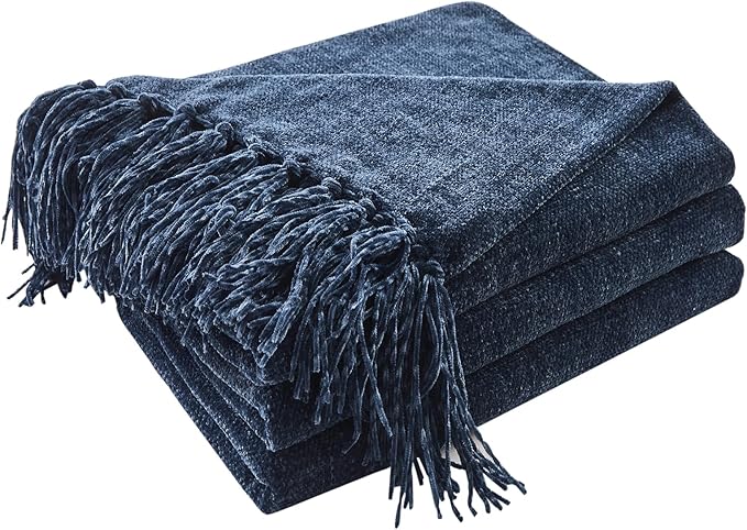 CozeCube Chenille Throw Blanket, Navy Blue Fringe Blanket, 50"X60" | For Couch, Cozy Plush Fuzzy Decorative Blanket with Fringe Tassels, Lightweight Throws for Bed Sofa Gift Home Decor