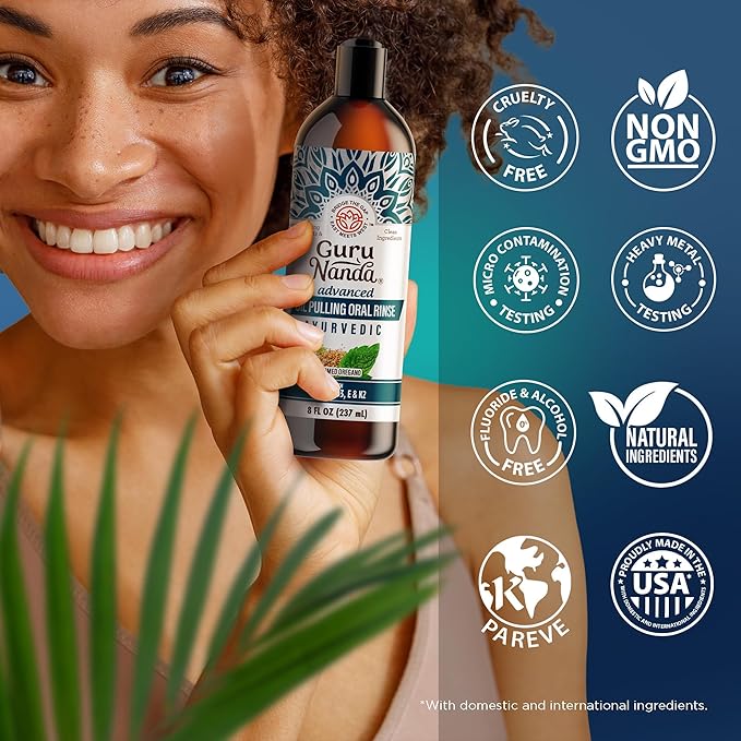 GuruNanda Advanced Oil Pulling Mouthwash for Enhanced Oral Care with Sesame & Oregano Oil, Promotes Deep Cleaning for Healthy Teeth & Gums, with Toothbrushes & Tongue Scrapers, Alcohol-Free, 3X8 Oz
