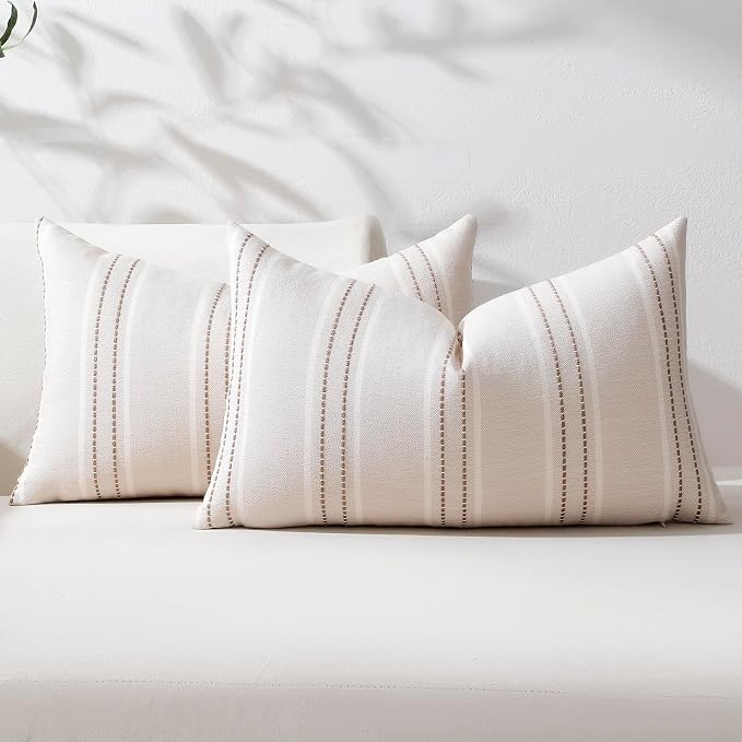 Hckot Striped Throw Pillow Covers 12x20 Set of 2 Taupe Pillow Covers | Farmhouse Decorative Pillows Textured Linen Square Cushion Covers for Sofa Couch Bed Living Room Decor(Taupe)