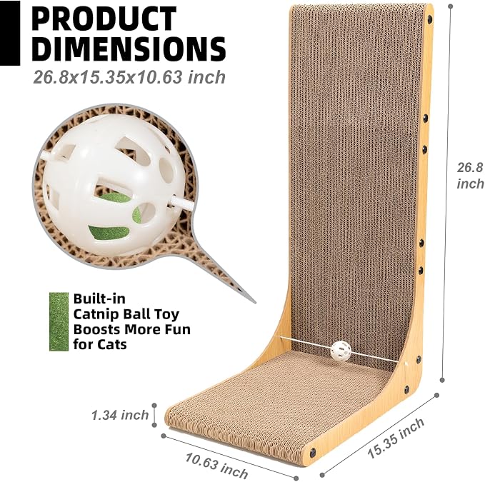 26.8 Inch Cat Scratching Post, Premium High Density Cardboard Cat Scratcher, Reinforced Durable Scratching Pad with Catnip Toy Ball for Indoor Cats
